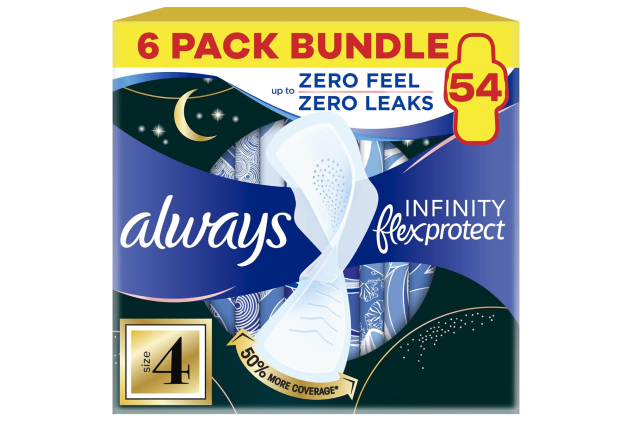 Always Infinity FlexProtect Night Pads with Wings Size 4 – 54 Pads (9 x 6 Packs) | Unscented | Secure Night Extra Protection | Flex Design | Ultra Thin & Absorbent