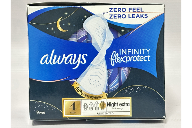 Always Infinity FlexProtect Night Pads with Wings Size 4 – 54 Pads (9 x 6 Packs) | Unscented | Secure Night Extra Protection | Flex Design | Ultra Thin & Absorbent
