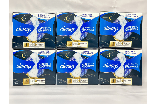 Always Infinity FlexProtect Night Pads with Wings Size 4 – 54 Pads (9 x 6 Packs) | Unscented | Secure Night Extra Protection | Flex Design | Ultra Thin & Absorbent