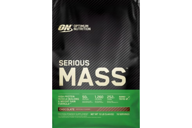 Optimum Nutrition Serious Mass Gainer 5.45kg – Chocolate | High-Calorie Protein Powder | 50g Protein + Creatine, Glutamine & 25 Vitamins | 16 Servings