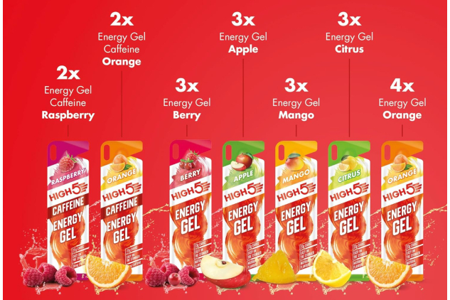 HIGH5 Energy Gel Mixed Pack Natural Fruit Juice With & Without Caffeine 20 x 40g