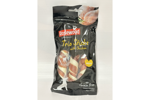 Rosewood Trio Sticks – Medium Size Dog Chews | Chicken Flavour | Grain-Free, High Protein Treats