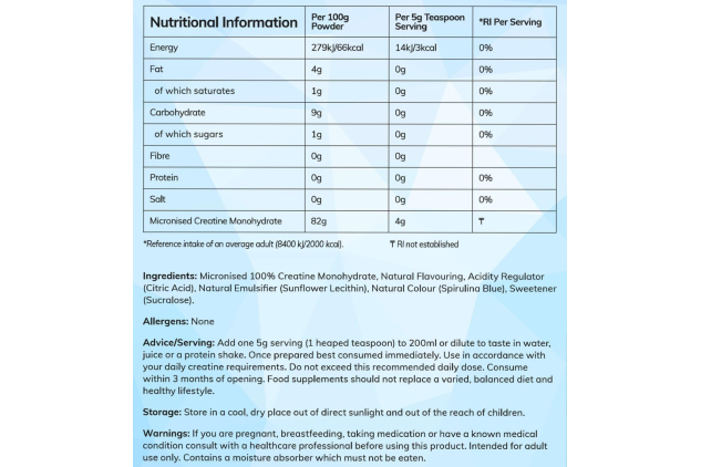 Micronised Creatine Monohydrate Powder – Blue Raspberry Flavour – 300g | 60 Servings