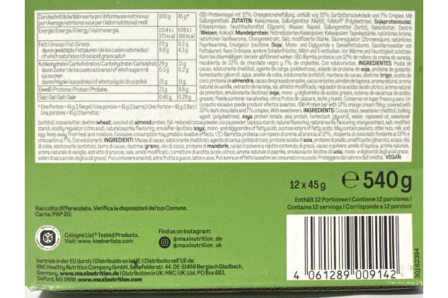 Maxi Nutrition Vegan Creamy Core Protein Bar – Dark Chocolate Orange – 12 x 45g