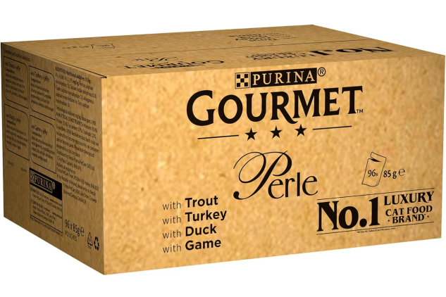 Gourmet Perle Mini Fillets in Jelly Country Medley 96 x 85g | Cat Food Pouches with Trout, Turkey, Duck & Game | OUTER BOX OPENED