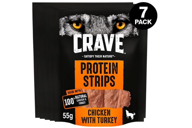 Crave Protein Strips Dog Treats – Chicken with Turkey – 7 x 55g | High Protein, Grain Free