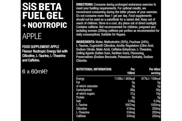 SiS Beta Fuel Energy Gel Apple + Nootropics 6 x 60ml – High Caffeine Endurance Fuel, Vegan