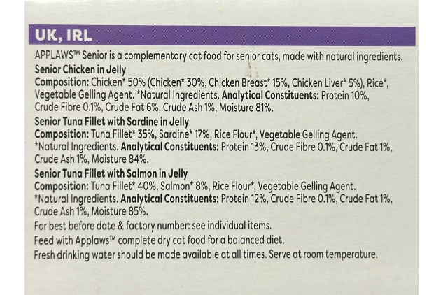 Applaws Senior Wet Cat Food in Jelly, Tuna & Chicken Variety, 24 x 70g Tins – Natural Ingredients