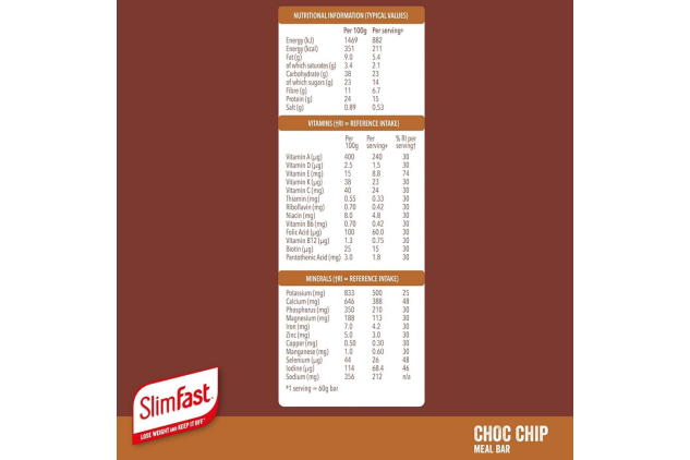 SlimFast Choc Chip Meal Bars – 16 x 60g | High Protein, Low Calorie Replacement Bars | 23 Vitamins & Minerals