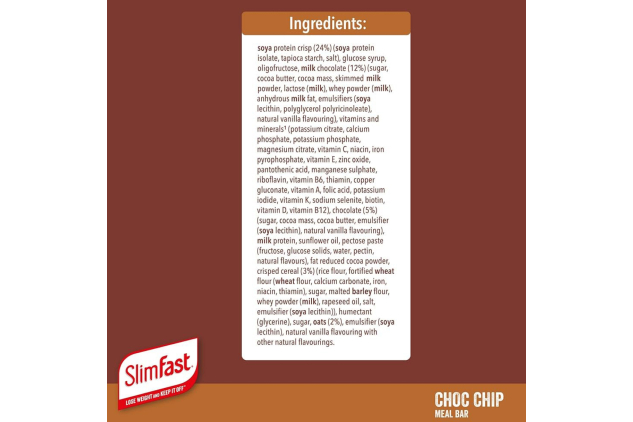 SlimFast Choc Chip Meal Bars – 16 x 60g | High Protein, Low Calorie Replacement Bars | 23 Vitamins & Minerals