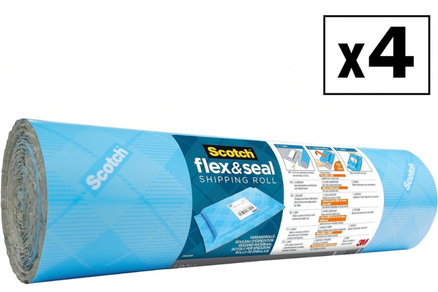 Scotch Flex & Seal Shipping Roll 38cm x 3m – Pack of 4 | Water-Resistant Cushion Wrap | No Tape Needed