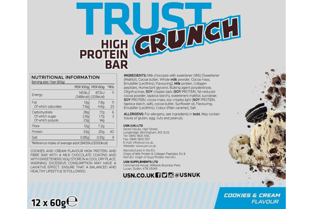 USN Trust Crunch Protein Bars – Cookies & Cream – 20g Protein, Low Sugar – 12 x 60g (Packaging May Vary)