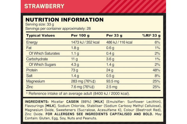 Optimum Nutrition Gold Standard 100% Casein Protein – Strawberry Delight – 28 Servings (924g)