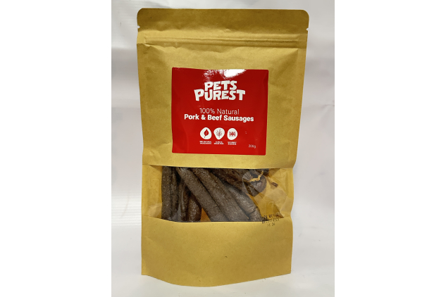 Pets Purest Natural Dog Treat Chews – Pork & Beef Sausages – 200g | Grain Free, High Protein, Healthy Reward Snacks for Dogs