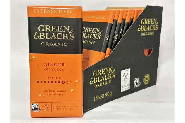Green & Blacks Organic Ginger Dark Chocolate Bars (15 x 90g) – 60% Cocoa, Fairtrade, Intense Dark Chocolate with Crystallised Ginger