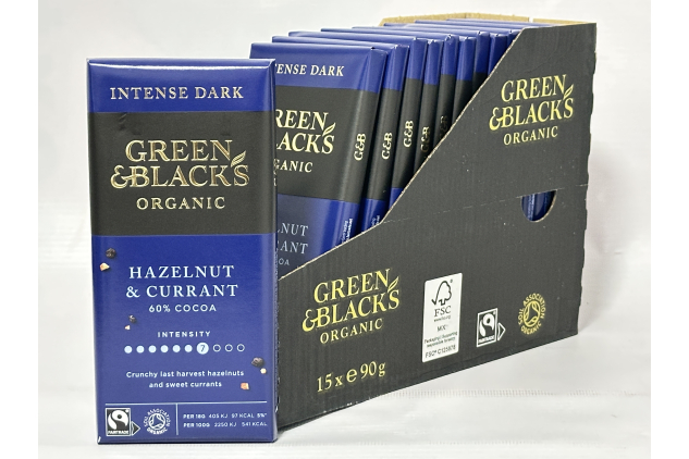 Green & Blacks Organic Hazelnut & Currant Dark Chocolate Fruit & Nut Bars 15 x 90g – Fairtrade, 60% Cocoa