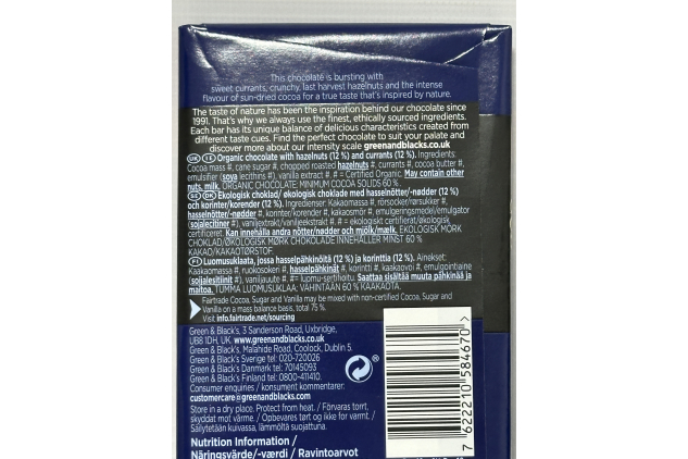 Green & Blacks Organic Hazelnut & Currant Dark Chocolate Fruit & Nut Bars 15 x 90g – Fairtrade, 60% Cocoa