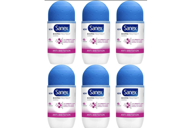 Sanex Biome Protect Dermo Anti-Irritation Deodorant Roll-On – 6 × 50 ml | 48h Gentle Care