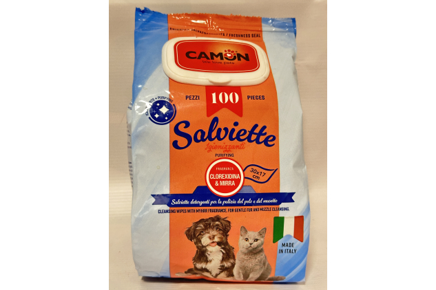 Camon Pet Cleansing Wipes with Myrrh & Chlorhexidine – 100 Wipes – Dogs & Cats – Gentle Coat, Paw & Muzzle Care – Made in Italy