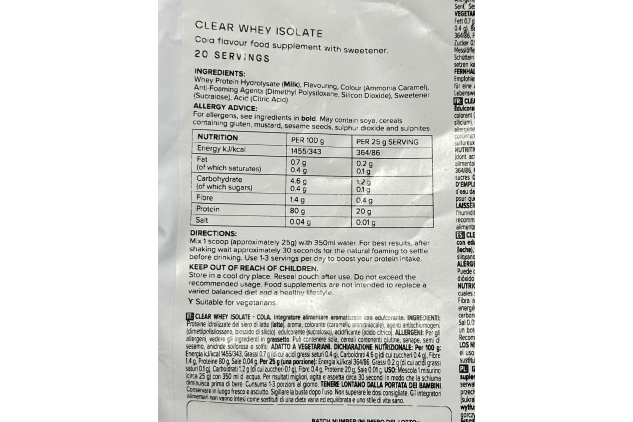 Bulk Clear Whey Isolate – Cola Flavour – 500g Pouch – 20g Protein, Low Sugar, 86 Calories