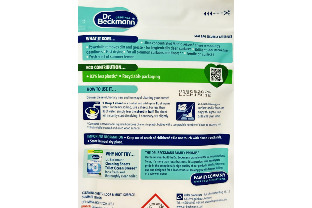 Dr. Beckmann Floor & Multi-Surface Cleaning Sheets – Summer Lemon – 20 Sheets | Dissolvable, Eco-Friendly, Powerful on Dirt & Grease