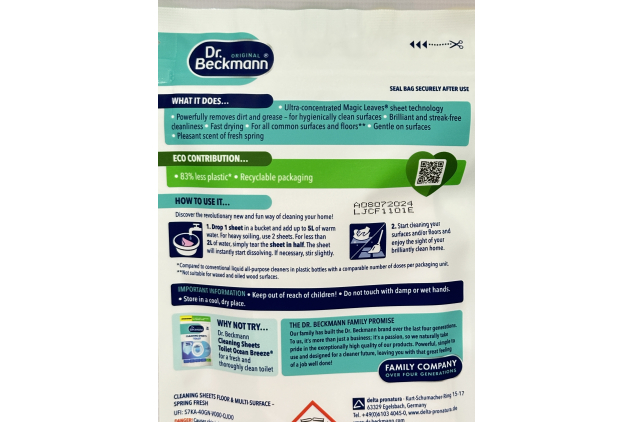 Dr. Beckmann Floor & Multi-Surface Cleaning Sheets – Spring Fresh – 20 Sheets | Dissolvable, Eco-Friendly, Powerful on Dirt & Grease