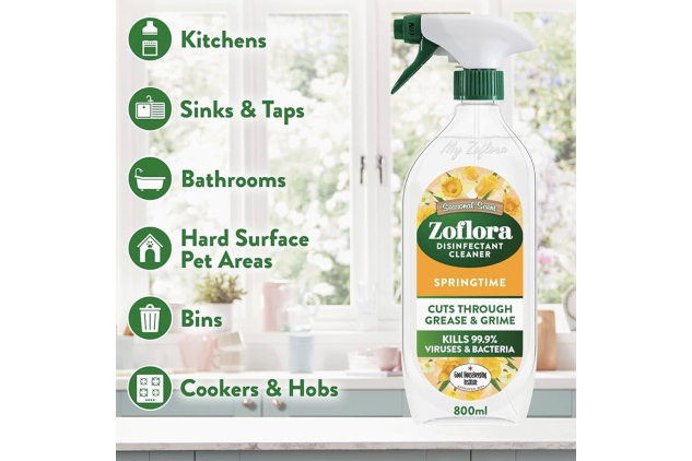 Zoflora Springtime Multipurpose Disinfectant Trigger Spray – 6 x 800ml | Antibacterial Multi-Surface Cleaner, Pet-Safe, Cuts Through Grease & Grime, Kills 99.9% of Bacteria & Viruses