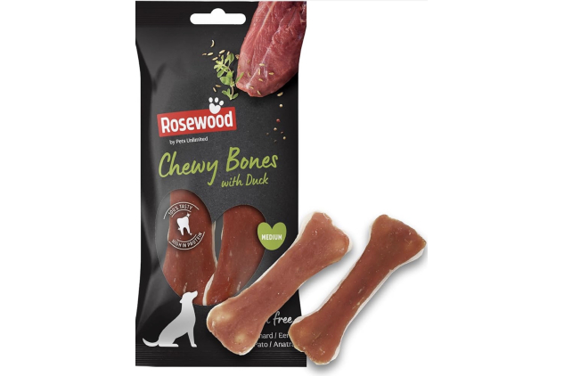 Rosewood Medium Chewy Bones for Dogs with Duck – Grain Free, High Protein Treats (2pc, 80g)