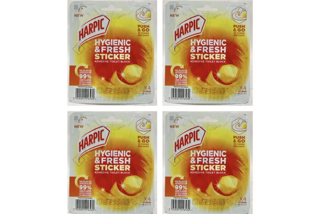 Harpic Hygienic Fresh Sticker Toilet Block – Citrus – 4 x 4 Adhesive Blocks – Up to 8 Weeks Freshness