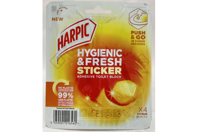 Harpic Hygienic Fresh Sticker Toilet Block – Citrus – 4 x 4 Adhesive Blocks – Up to 8 Weeks Freshness