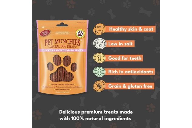 Pet Munchies Chicken & Sweet Potato Dog Treats – Grain Free Dental Sticks – 8 x 90g