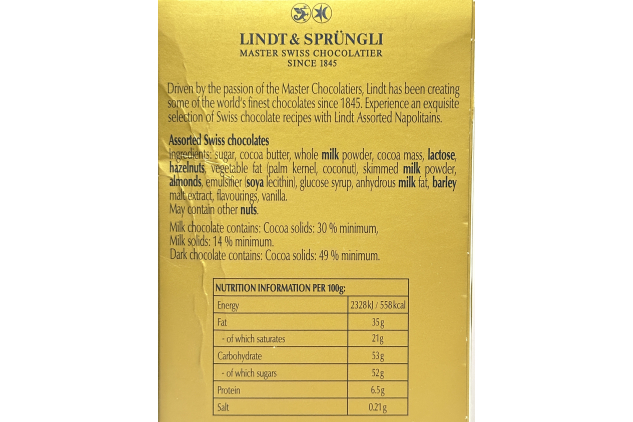 Lindt Swiss Assorted Napolitains Gift Box 700g – Premium Milk, Dark & White Mini Chocolates (107 Pieces)