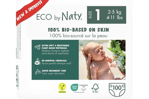 Eco by Naty Baby Nappies Size 1 (2–5 kg / 4–11 lbs) – 100 Count | 100% Bio-Based, Plant-Based, Vegan, Chemical-Free