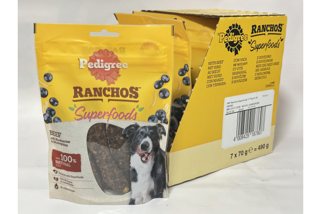 Pedigree Ranchos Superfoods Dog Treats with Beef, Blueberries & Wholegrains – 7 × 70 g | 100% Natural Beef, High Protein & No Added Sugar
