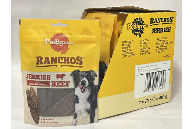 Pedigree Ranchos Jerkies Dog Treats with Beef – 7 × 70 g | 100% Natural Beef, Grain-Free & High Protein
