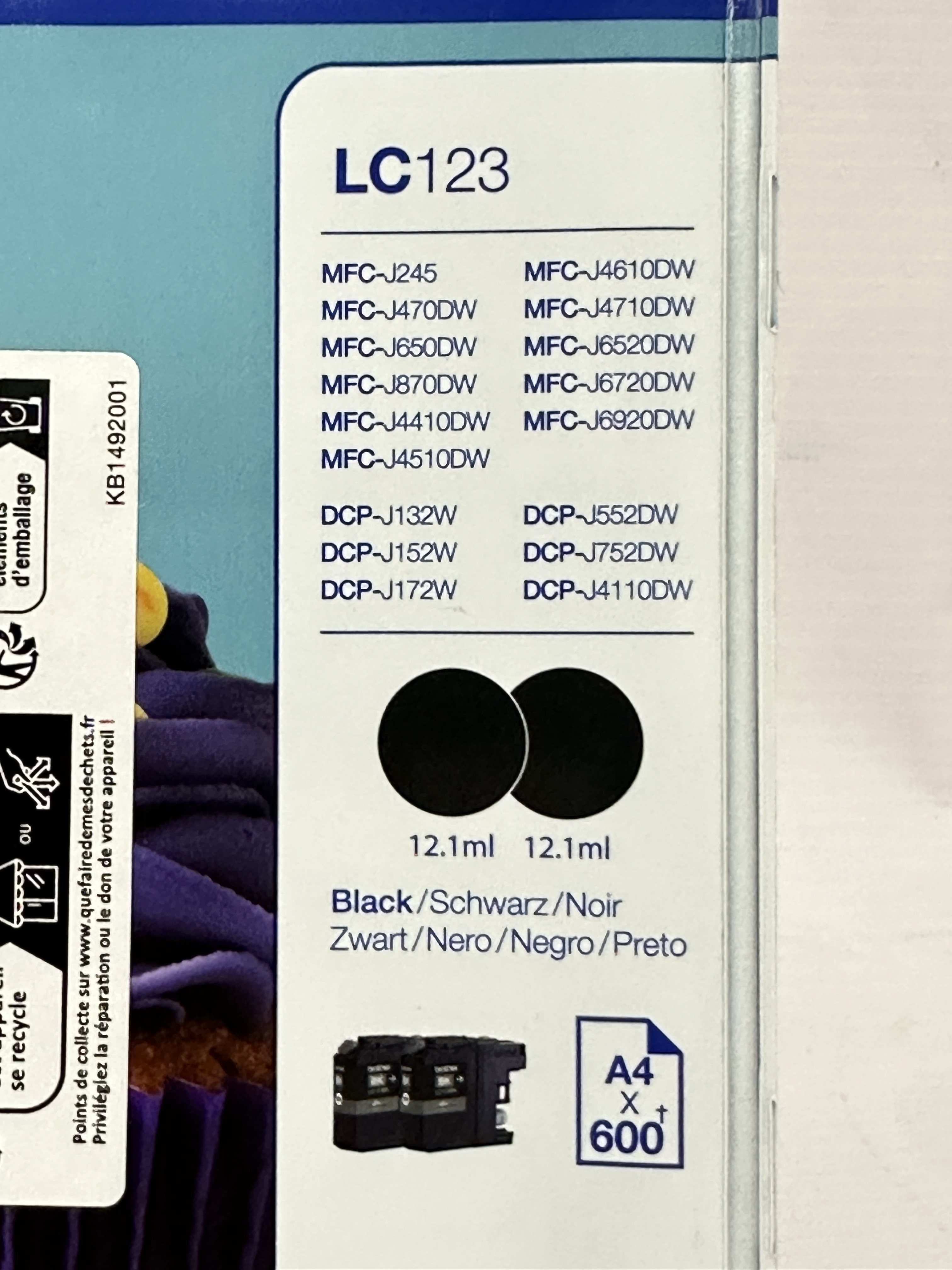 Cartuccia Originale Brother LC123BK Ad Alta Capacità, Nero, Fino A 600 Pagine