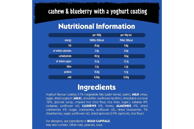 Eat Natural Cashew & Blueberry Bars with Yoghurt Coating – 12 x 40 g – Gluten Free Fruit & Nut Snack Bars