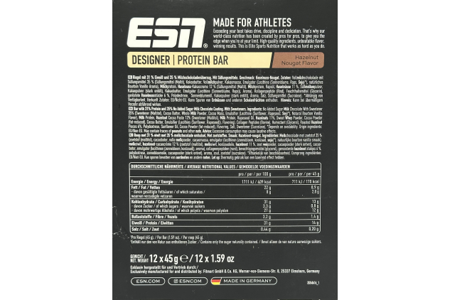 ESN Designer Protein Bar Hazelnut Nougat 12 x 45g – High Protein, No Added Sugar
