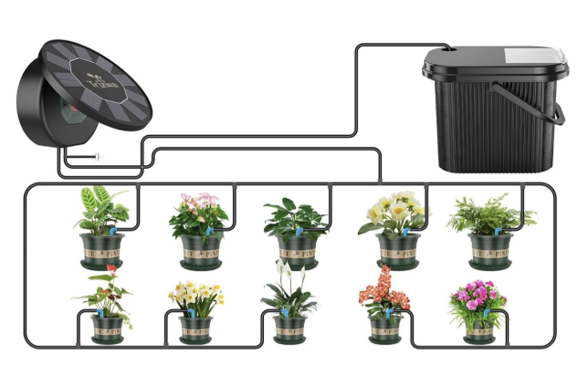 Solar Irrigation System Kit with 9 Timing Modes – Automatic Drip Watering with Bucket & Pots for Garden, Balcony & Greenhouse