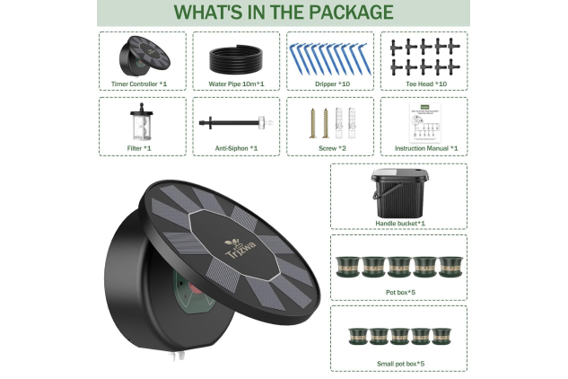 Solar Irrigation System Kit with 9 Timing Modes – Automatic Drip Watering with Bucket & Pots for Garden, Balcony & Greenhouse