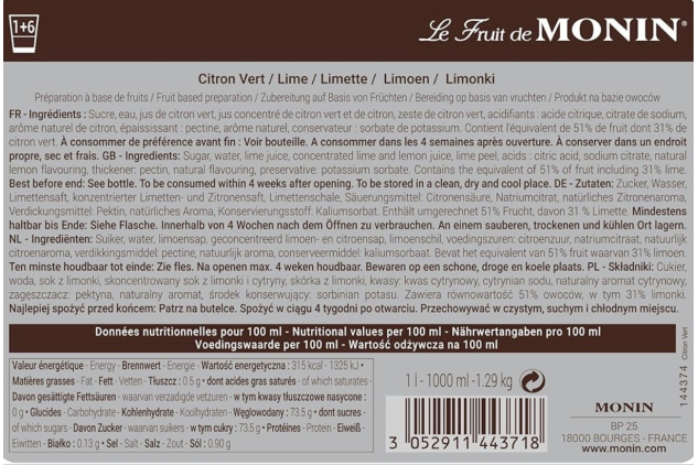 Monin Lime Fruit Mix Puree 4 x 1L – 51% Real Lime & Lemon, Vegan, Natural Flavours for Cocktails & Smoothies
