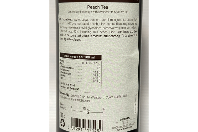 Monin Peach Tea Concentrate 6 x 1L – Stevia Sweetened, Vegan Iced & Hot Tea Syrup Bulk Catering Pack
