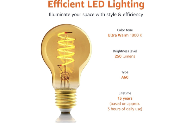 E27 Vintage LED Light Bulbs 4W A60 Amber Glass Ultra Warm 1800K Dimmable Retro Style – 6 Pack