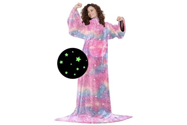 Kanguru Glow Rainbow Wearable Blanket with Sleeves – Glow in the Dark Fleece, 140x180 cm