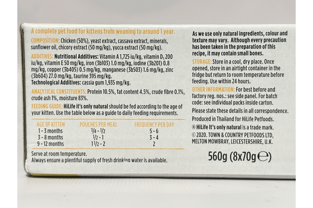 HiLife It’s Only Natural Kitten Wet Food – Tender Chicken Pâté | 32 x 70g (4 Packs of 8)