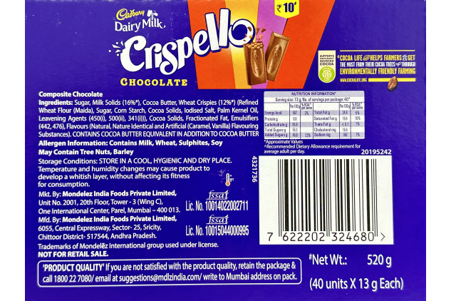 Cadbury Dairy Milk Crispello Chocolate Finger Bars – With Crispy Biscuit Balls – 40 x 13g | Share Box Snack Pack
