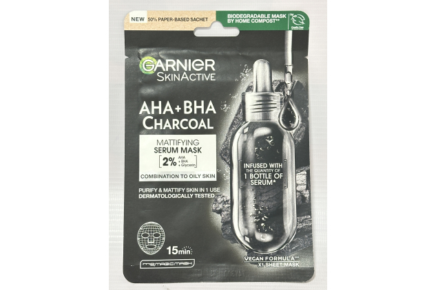 Garnier SkinActive AHA + BHA Charcoal Mattifying Serum Sheet Mask – Vegan Formula, 1 Use (28 g)