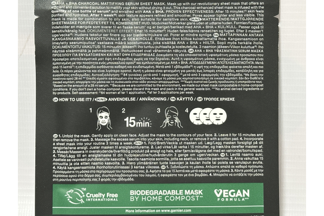 Garnier SkinActive AHA + BHA Charcoal Mattifying Serum Sheet Mask – Vegan Formula, 1 Use (28 g)