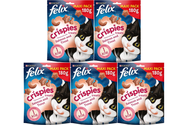 FELIX Crispies Cat Treats – Salmon & Trout Flavour – Light, Crunchy, Low-Calorie Snack for Cats – 5 x 180 g (Bulk Pack)