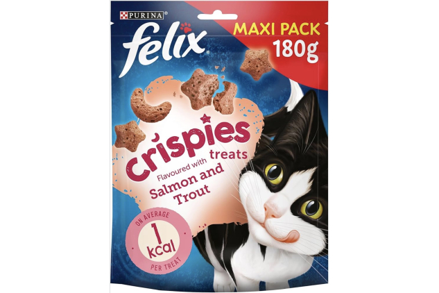 FELIX Crispies Cat Treats – Salmon & Trout Flavour – Light, Crunchy, Low-Calorie Snack for Cats – 5 x 180 g (Bulk Pack)